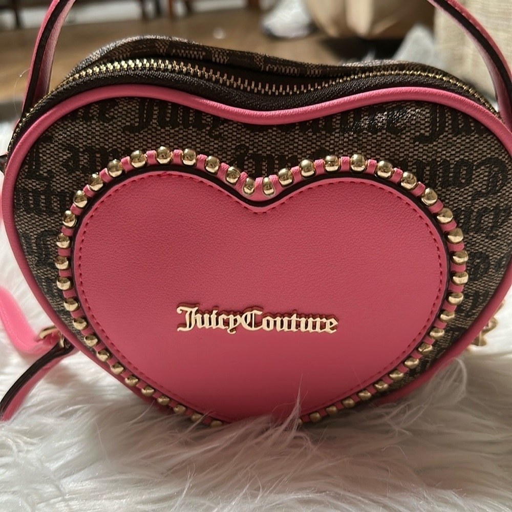 Juicy Couture Love Never Dies Heart Mini Tote Crossbody Brown Pink